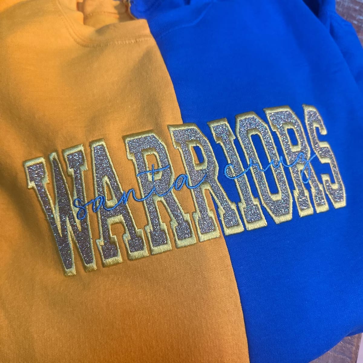 Customer photo review of Custom Two Tone Glitter Mascot Sweatshirt School Team Split Fashion Embroidered Sweatshirt