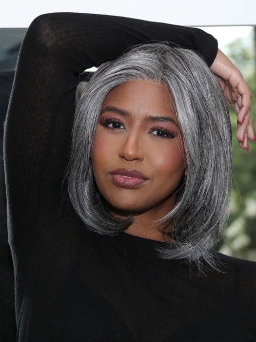 Customer photo review of Luvwin 5x5 Salt And Pepper Glueless Gray Color Pre-Cut Lace Straight Bob Wig For Black Women