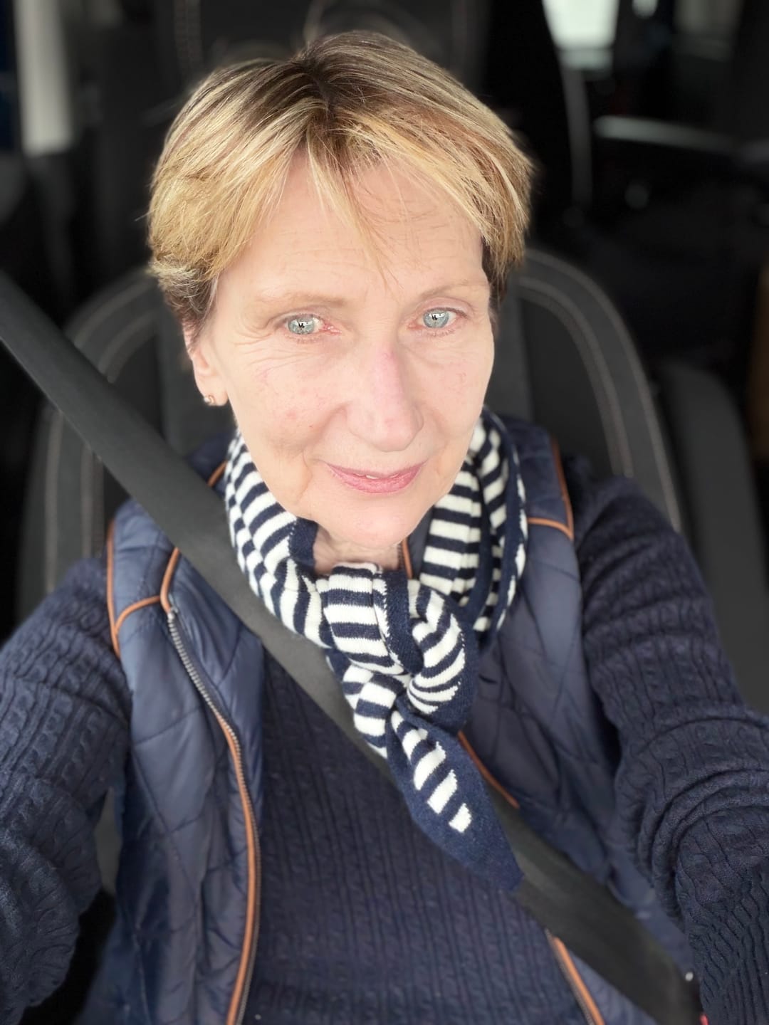 Customer photo review of Brand New Navy and Chalk Striped Recycled Cashmere Triangle Scarf