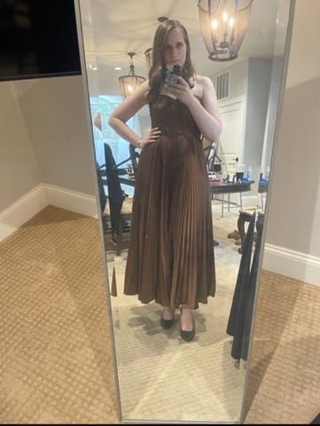 Customer photo review of Belle Pleated Strapless Dress in Nutmeg by AMUR - RENTAL