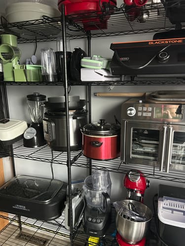 Customer photo review of REIBII 62"W Wire Shelving Units Load 1550LBS, 5-Tier Metal L Shaped Shelves, Adjustable Shelving Rack for Pantry Kitchen Closet