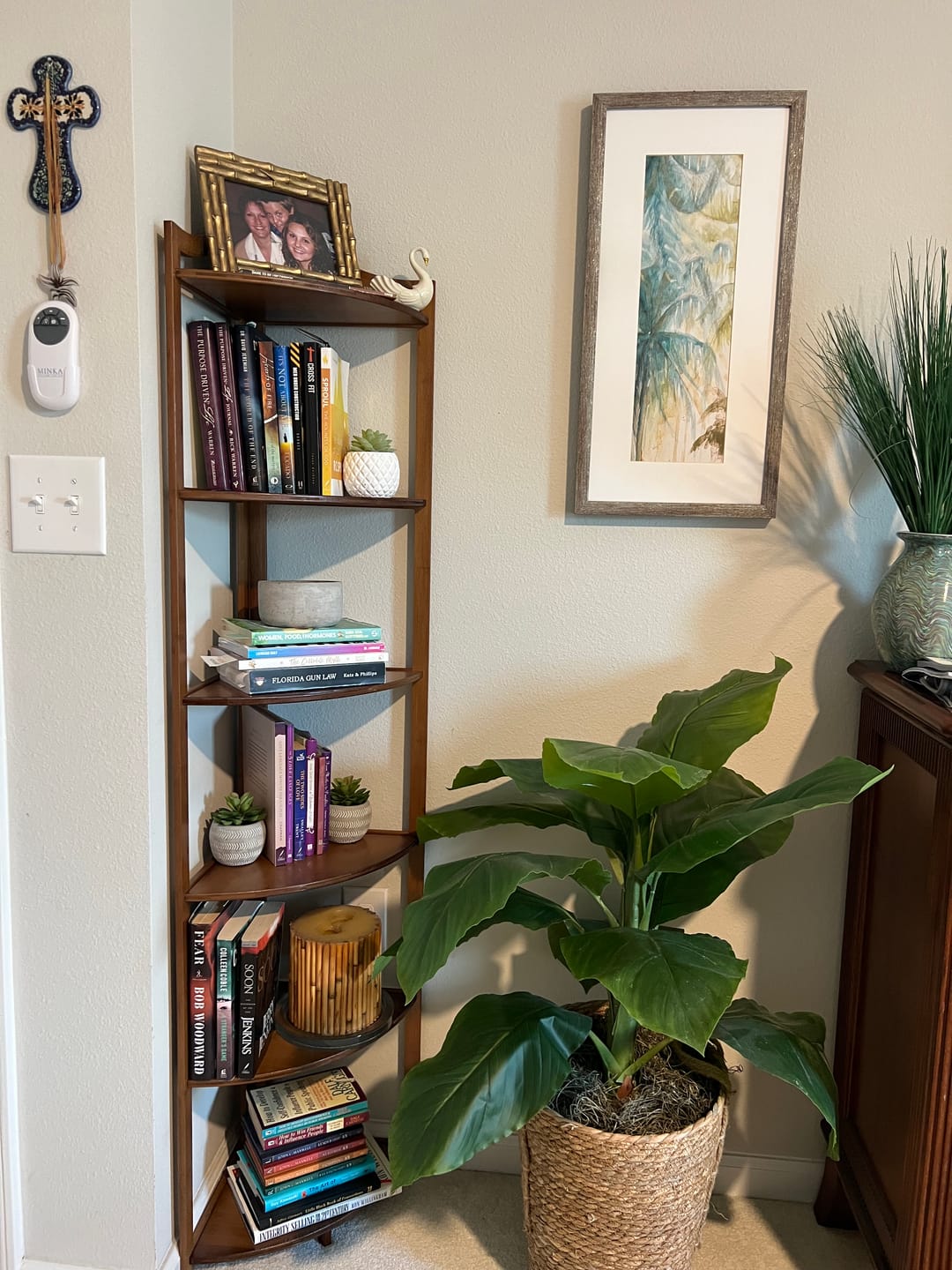 Customer photo review of Simple Open Natural Wood Corner Shelf Stand Bookshelf