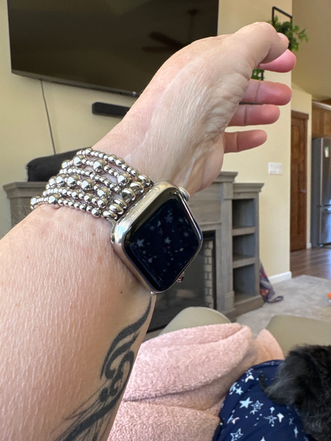 Customer photo review of Platinum Demure Stretch Apple Watch Strap