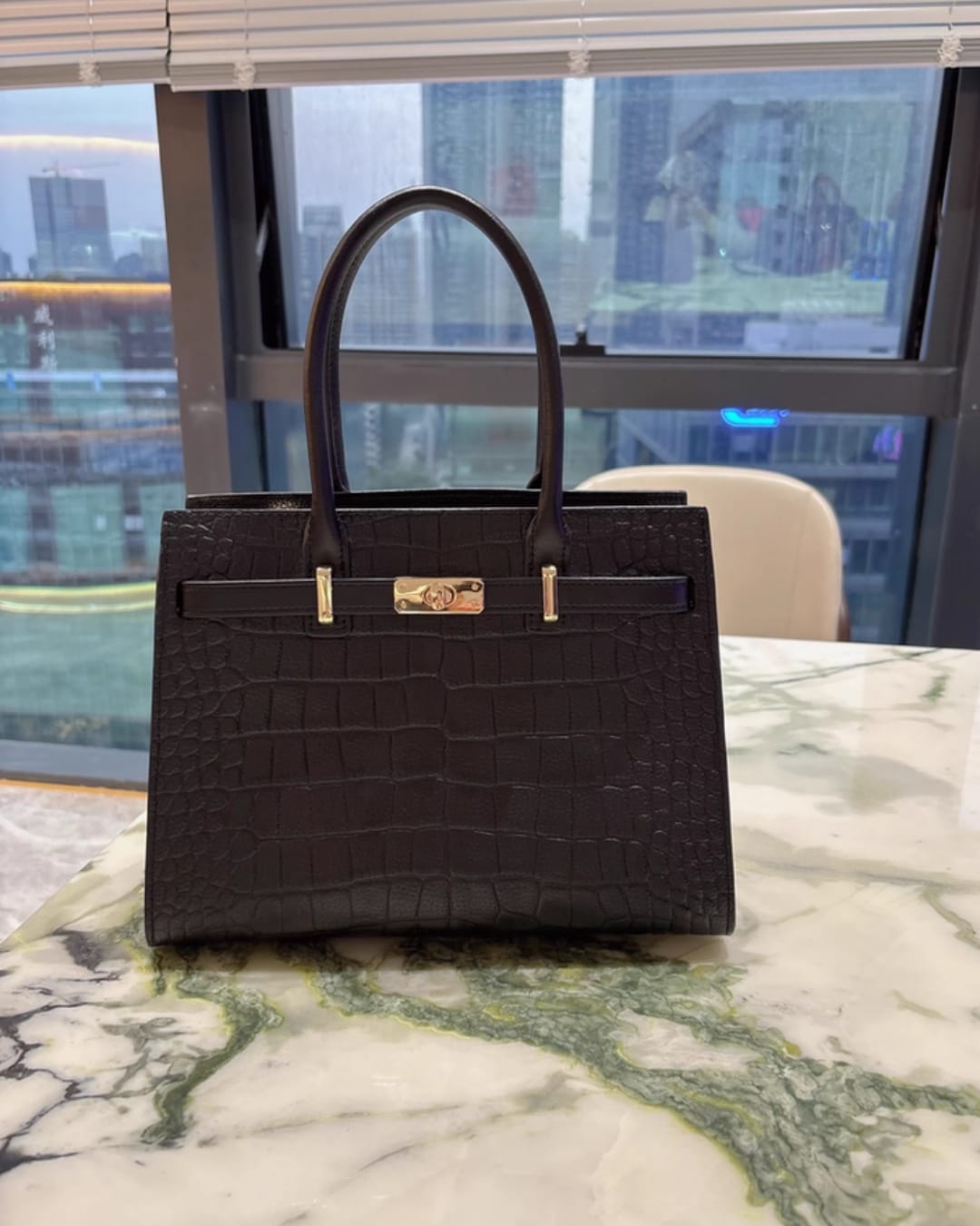 Customer photo review of Tang Red 27 Obsidian Crocodile-Embossed Tote