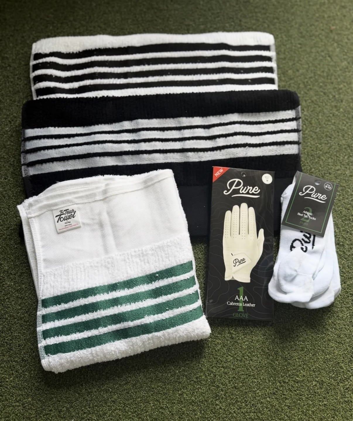 Customer photo review of The Tour Towel - White with Green Stripes