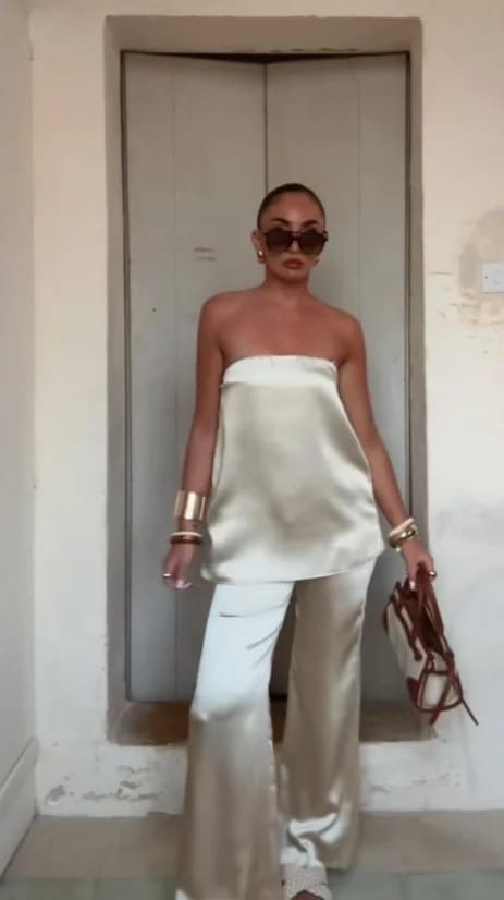 Customer photo review of Claudine Satin Bandeau Pants Suit