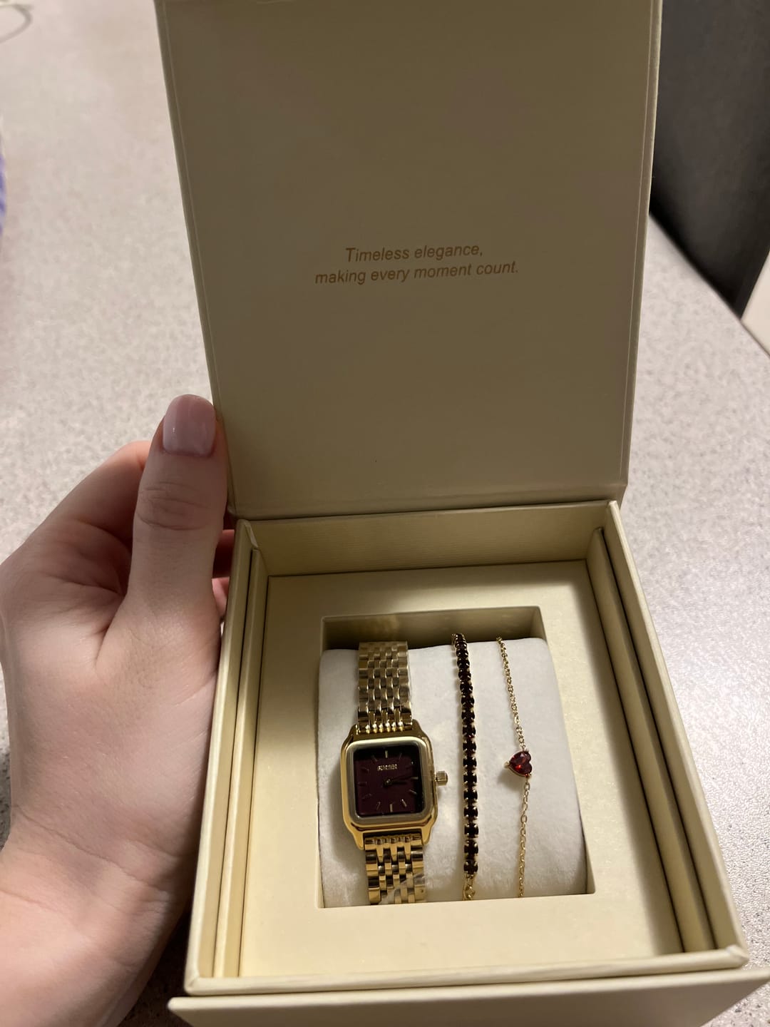 Customer photo review of Macy Petite Gold Burgundy