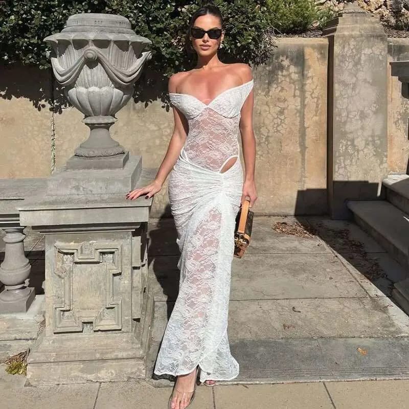 Customer photo review of Esther Sheer Lace High-Slit Maxi Dress