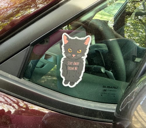 Customer's 'Stay Away From Me' anime cat sticker applied to the corner of a car window.