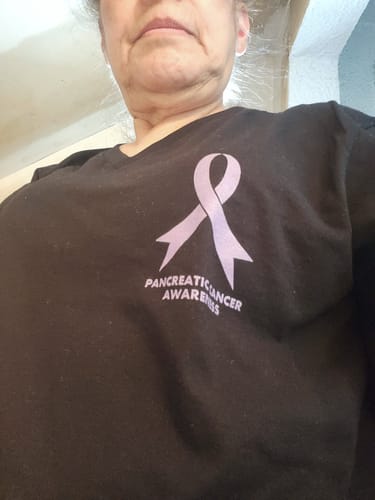Customer photo review of Pancreatic Cancer - Round 15 (Unisex V-Neck Tee | Bella + Canvas)