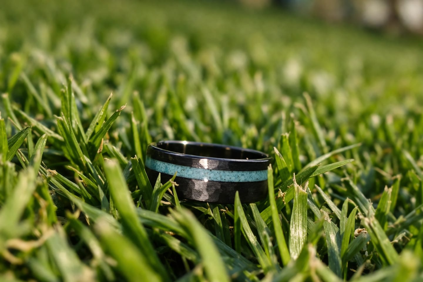 Customer photo review of Sub Zero - Blue Resin Men's Tungsten Ring (Hammered)