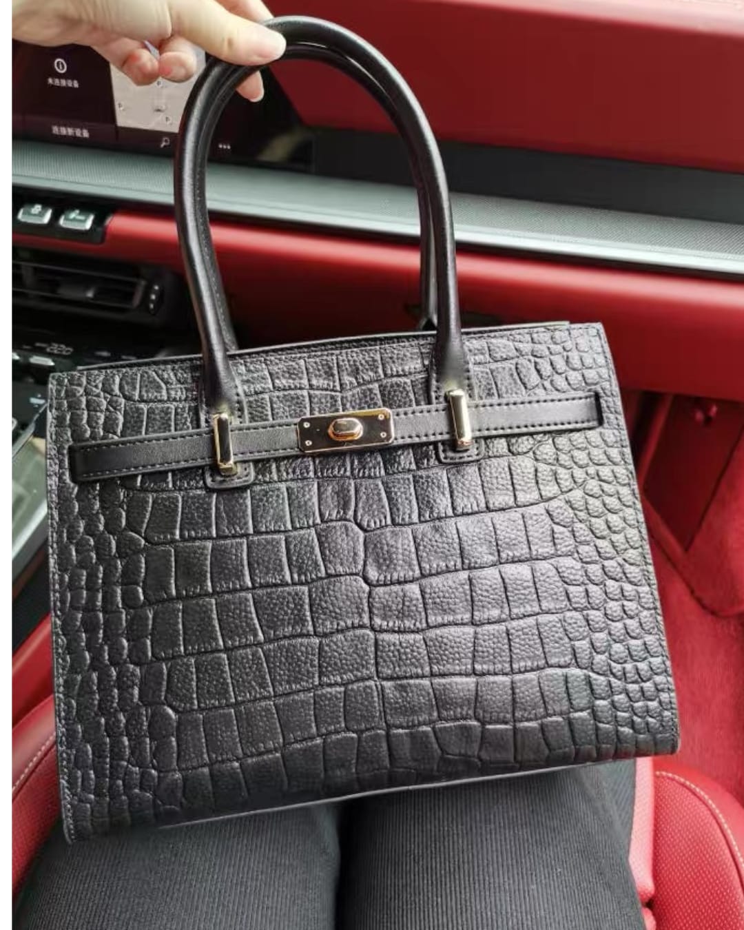 Customer photo review of Tang Red 27 Obsidian Crocodile-Embossed Tote