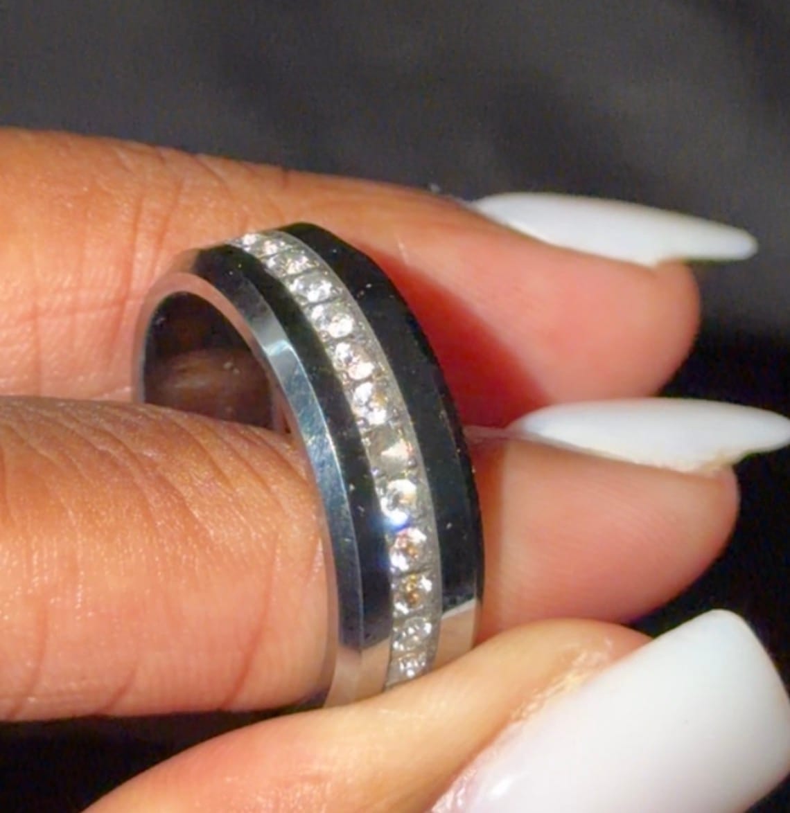 Customer photo review of 8mm - Tungsten Carbide Wedding Band Fully Stacked Cubic Zircon Beveled Edge Comfort Fit