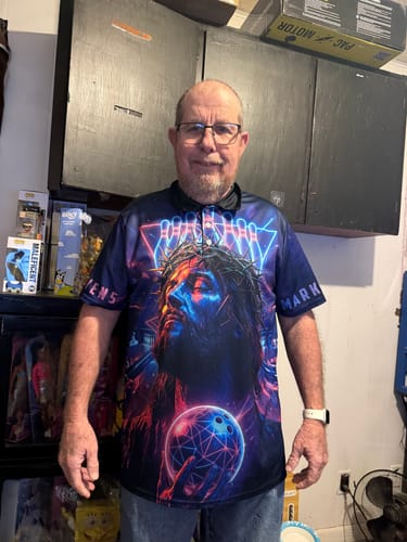 Customer photo review of Maxcorners Bowling Neon Jesus Crown of Thorns Art Multi Options Personalized Name, Team Name 3D Shirt