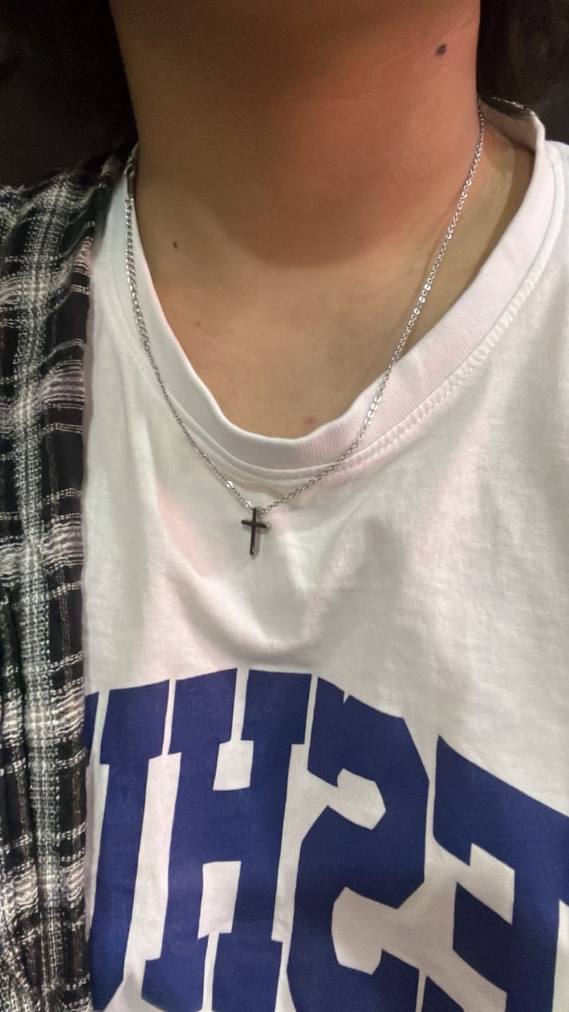 Customer photo review of Sleek Minimal Cross Necklace