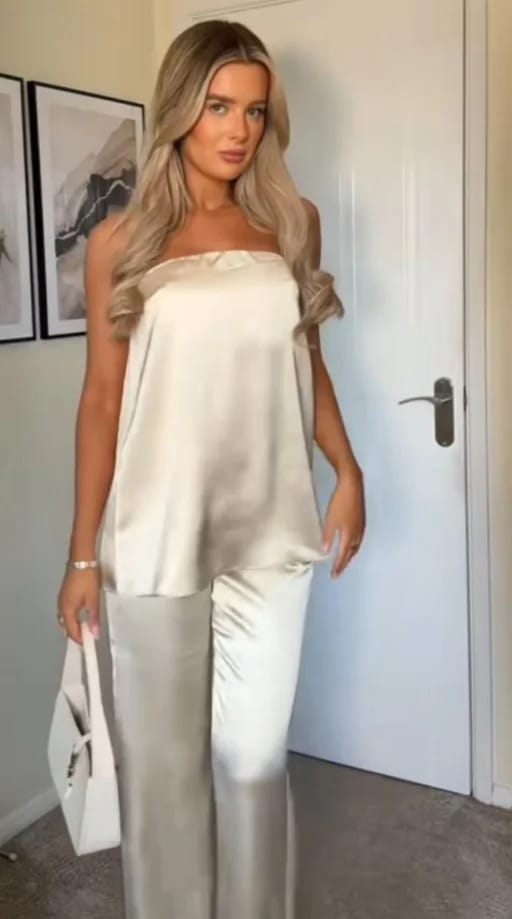 Customer photo review of Claudine Satin Bandeau Pants Suit