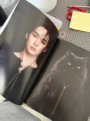 Customer's open Nylon Japan magazine showing a two-page spread of Lee Know on the left and a black cat on the right.