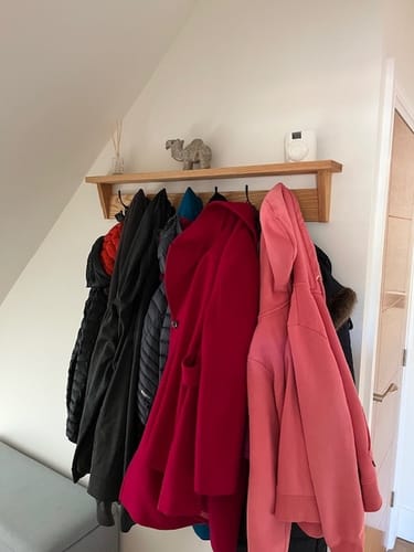 Customer photo review of Solid Oak Coat Rack With Storage Shelf