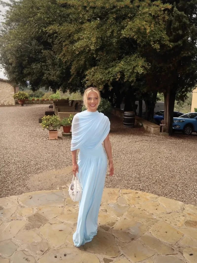 Customer photo review of Caprice Shawl Collar Ruffle Maxi Dress