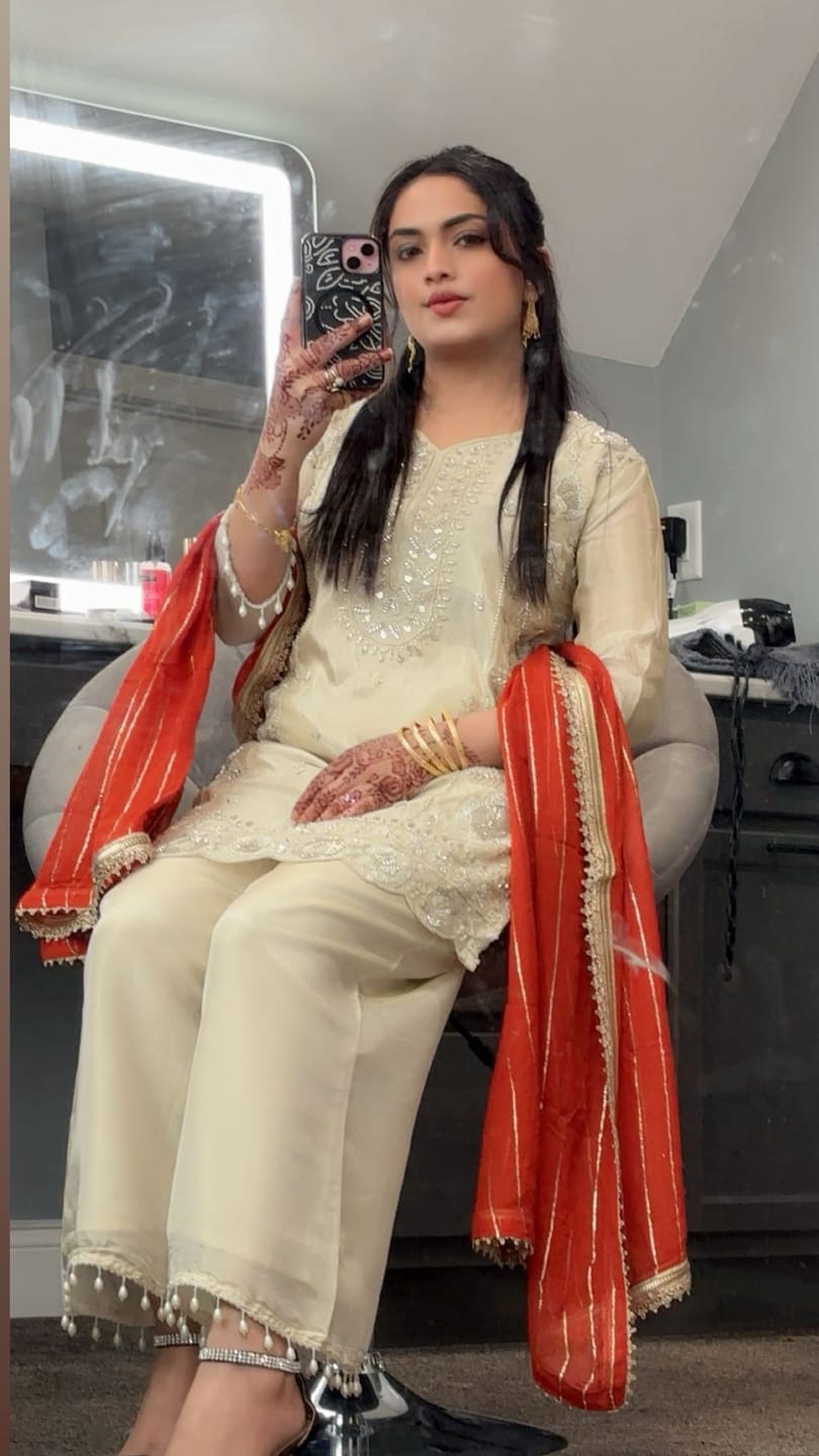 Customer photo review of Champagne Shimmer Embroidered Kurta Pant Set