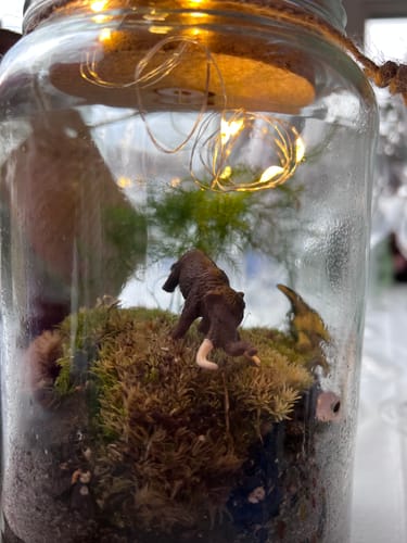 Kundenrezension: Ein Flaschengarten mit einem leuchtenden LED-Korken, Moos und einer kleinen Mammutfigur darin.