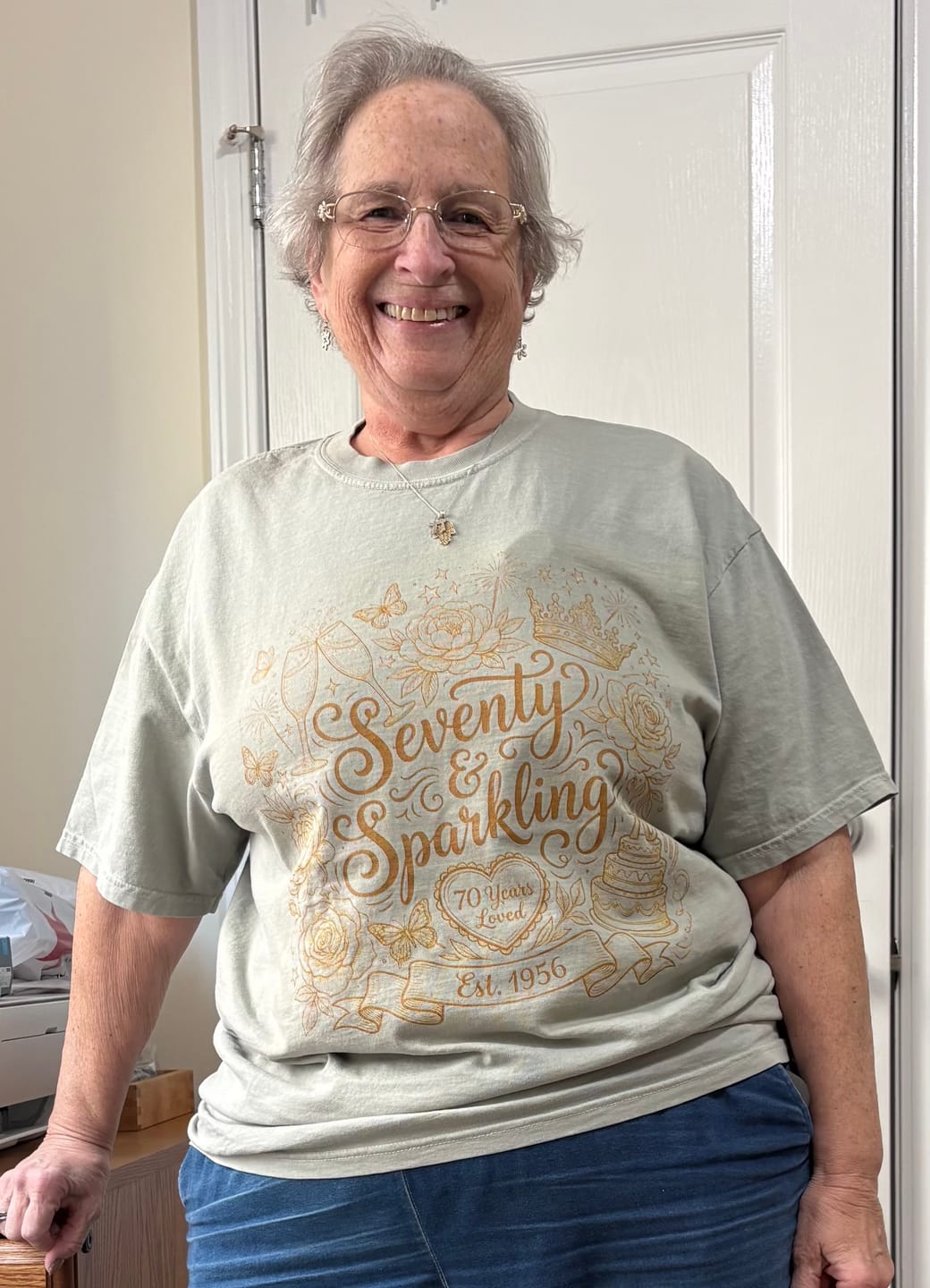Customer photo review of Seventy & Sparkling, Est. 1956 - Premium 70th Birthday T-Shirt
