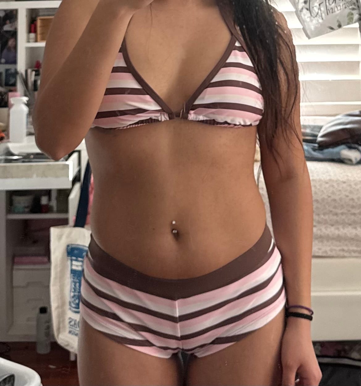 Customer photo review of Seamolly Colorblock Striped Halter Triangle Boyshorts Bikini Set