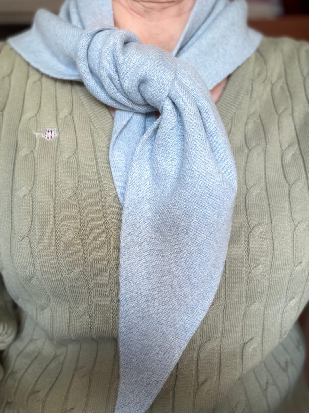 Customer photo review of Brand New Baby Blue Recycled Cashmere Triangle Scarf