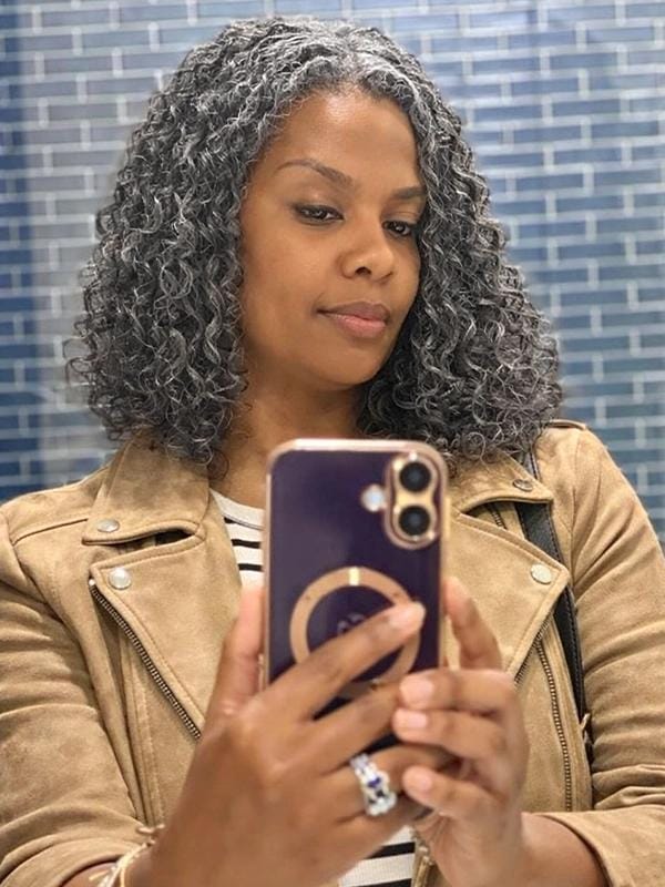 Customer photo review of Luvwin 5x5 Lace Salt and Pepper Loose Water Wave Human Hair Gray Wig For Seniors