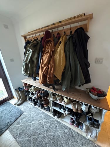 Customer photo review of Solid Oak Coat Rack With Storage Shelf