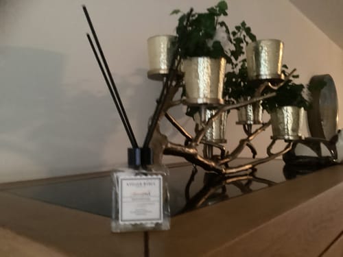 Klant's Istanbul geurverspreider staat op een houten kast naast een gouden decoratief stuk.