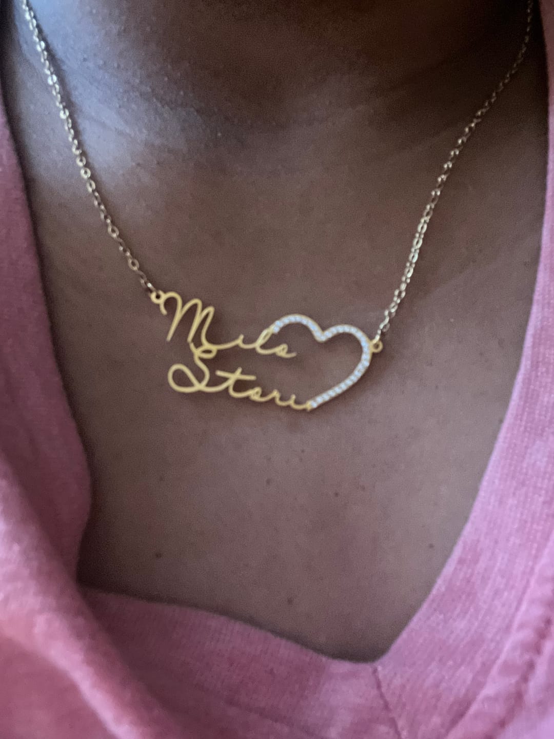 Customer photo review of Iced Heart Double Script Name Necklace