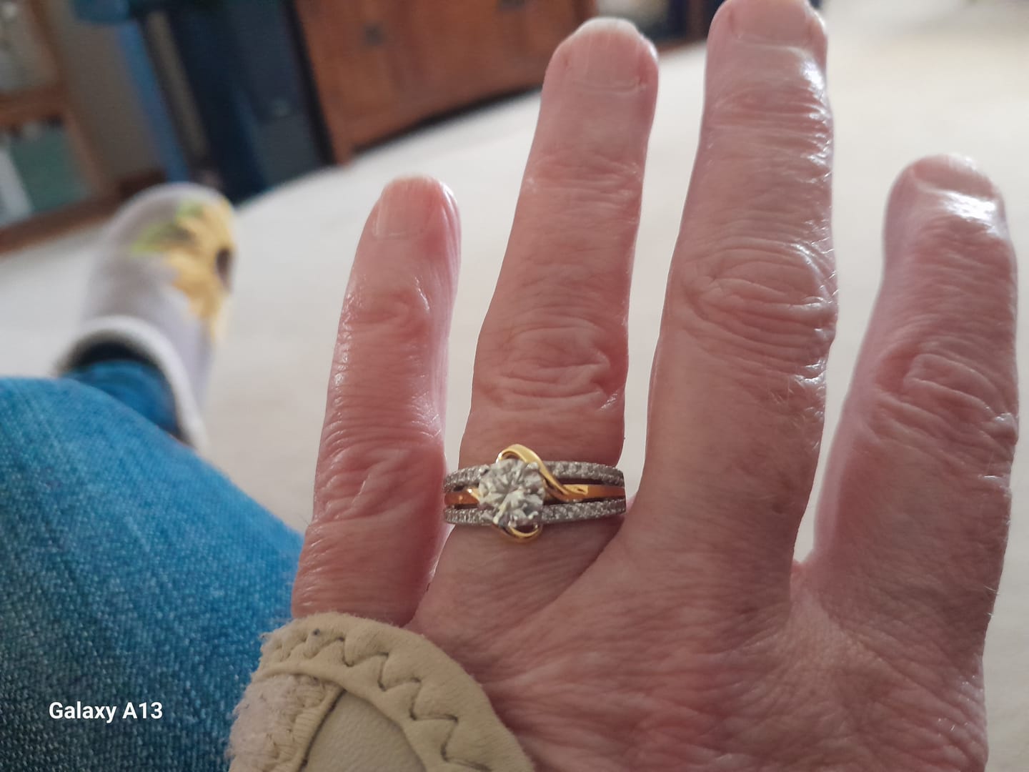 Customer photo review of Round Moissanite Two Tone Vine Split Shank Pave Engagement Ring