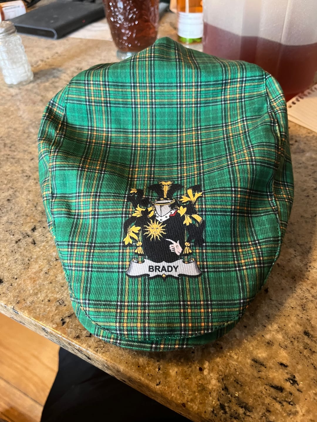 Customer photo review of Brady Irish Clan Tartan Jeff Cap, Tartan Flat Cap with Coat of Arm