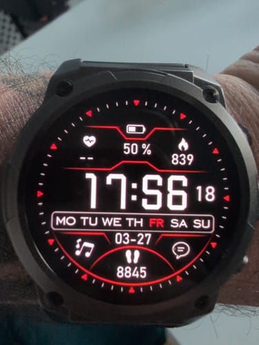 Customer's black Gard Pro Ultra 3 smartwatch on their wrist, showing its digital display with 50% battery life.
