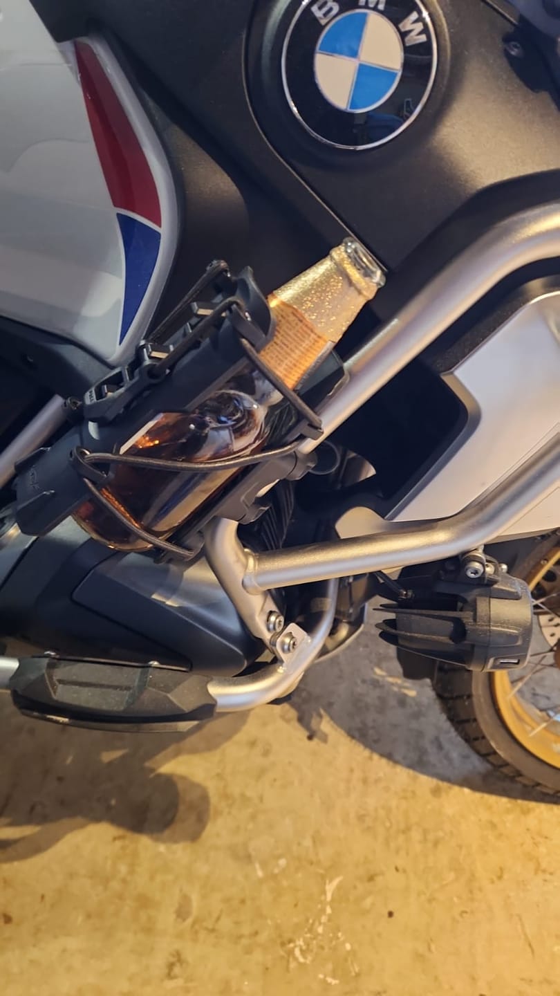 Customer photo review of LOBOO Quick-Adjust Motorcycle Drink Holder | Fits 25mm Crash Bars & Panniers (For Bottles or Fire Extinguisher)