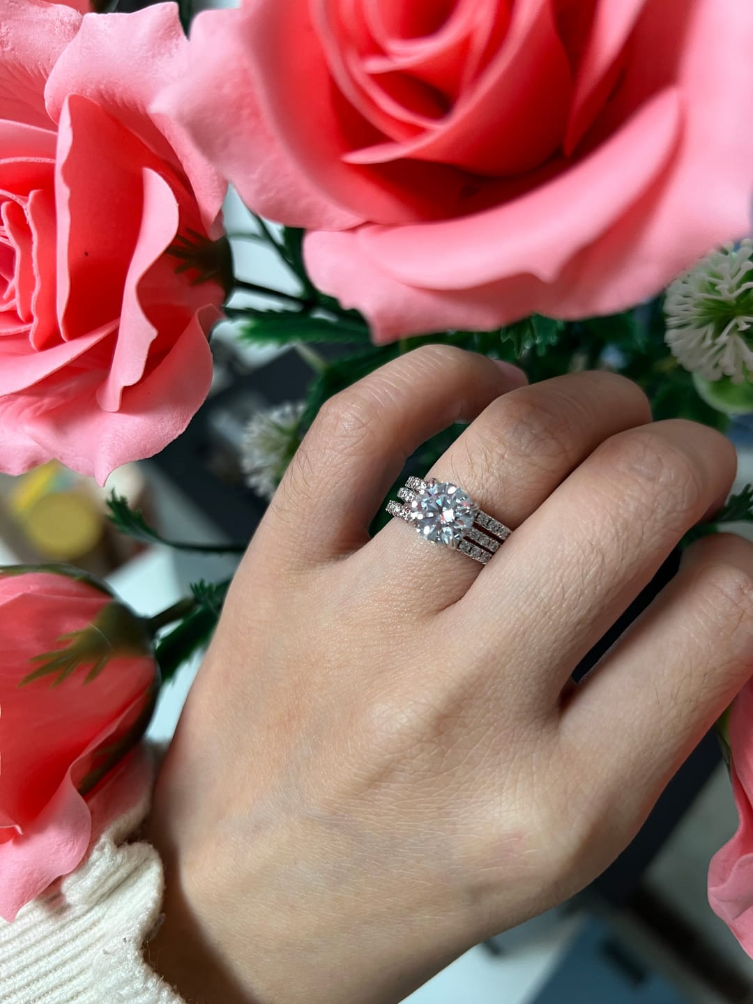 Customer photo review of S925 3PC Wedding Ring Set 2.0 Ct Round Cut With 2PC Half Eternity Wedding Band Stackable Wedding Rings