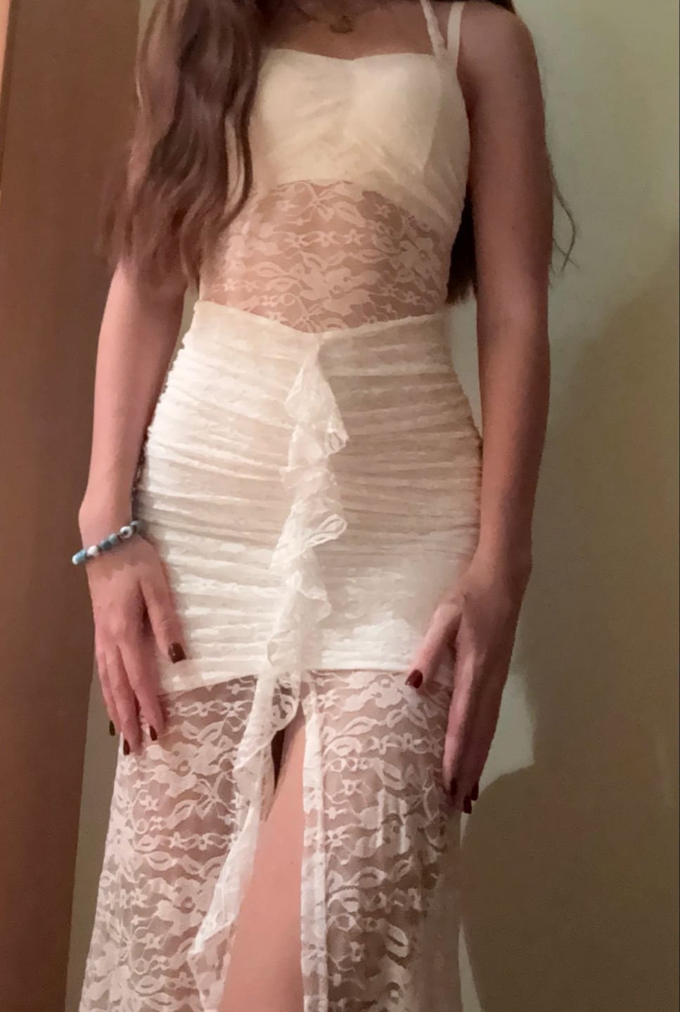 Customer photo review of Minda Halter Lace Slit Maxi Dress