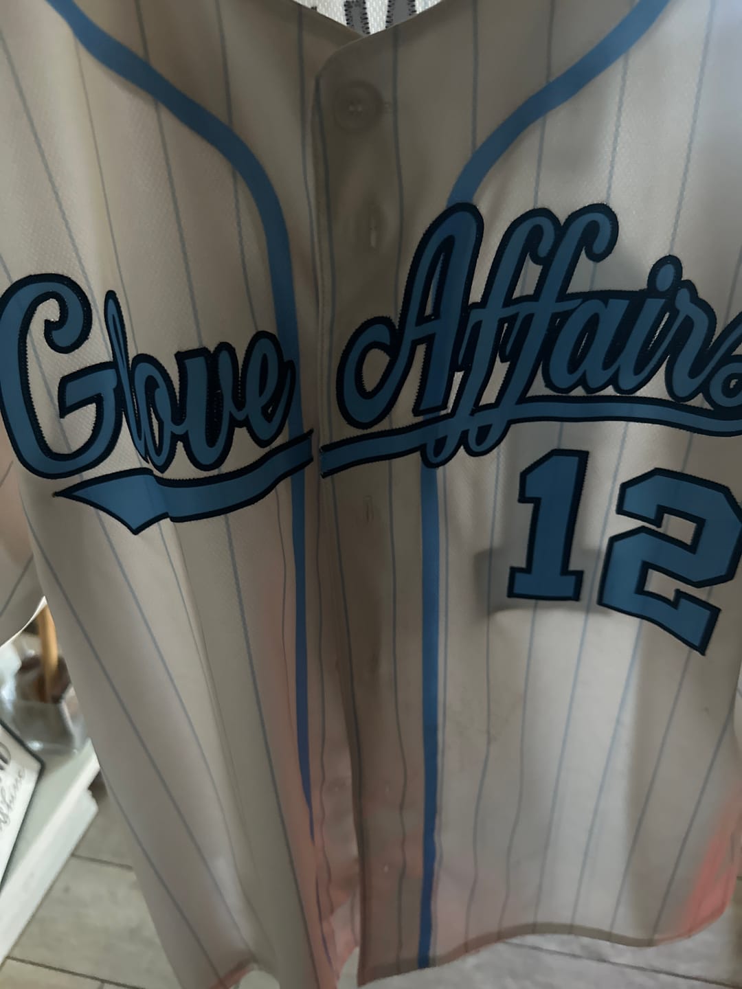 Customer photo review of Custom Cream Light Blue-Light Gray Stripe Fashion Design Full Button Authentic Baseball Jersey