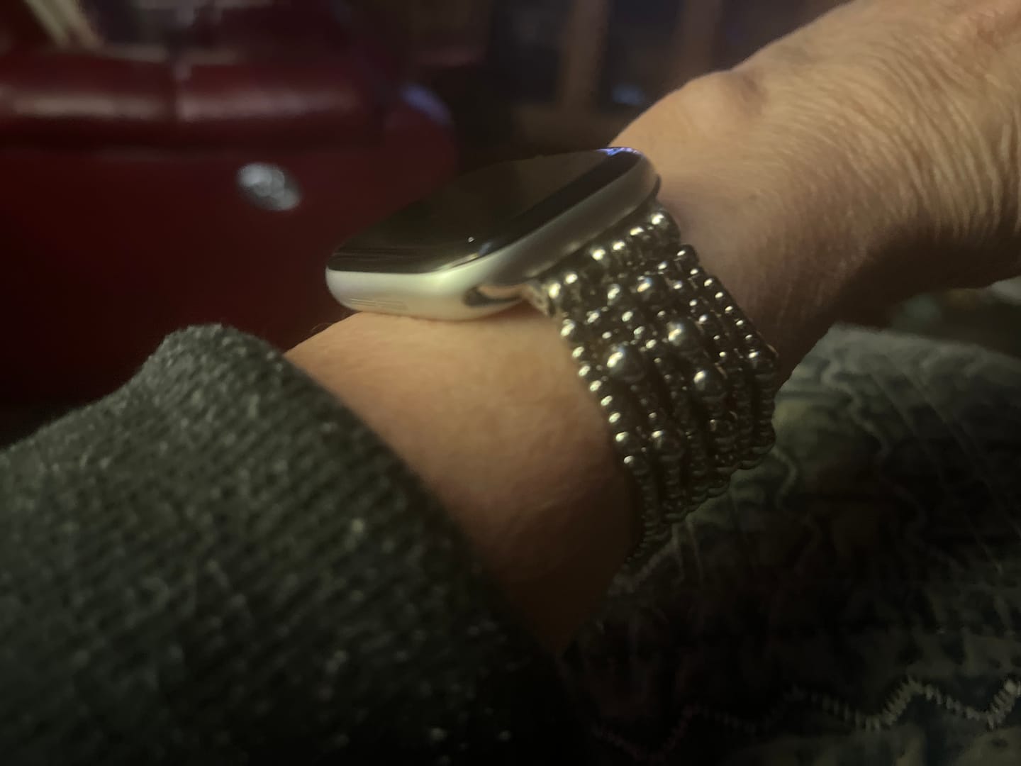 Customer photo review of Platinum Demure Stretch Apple Watch Strap