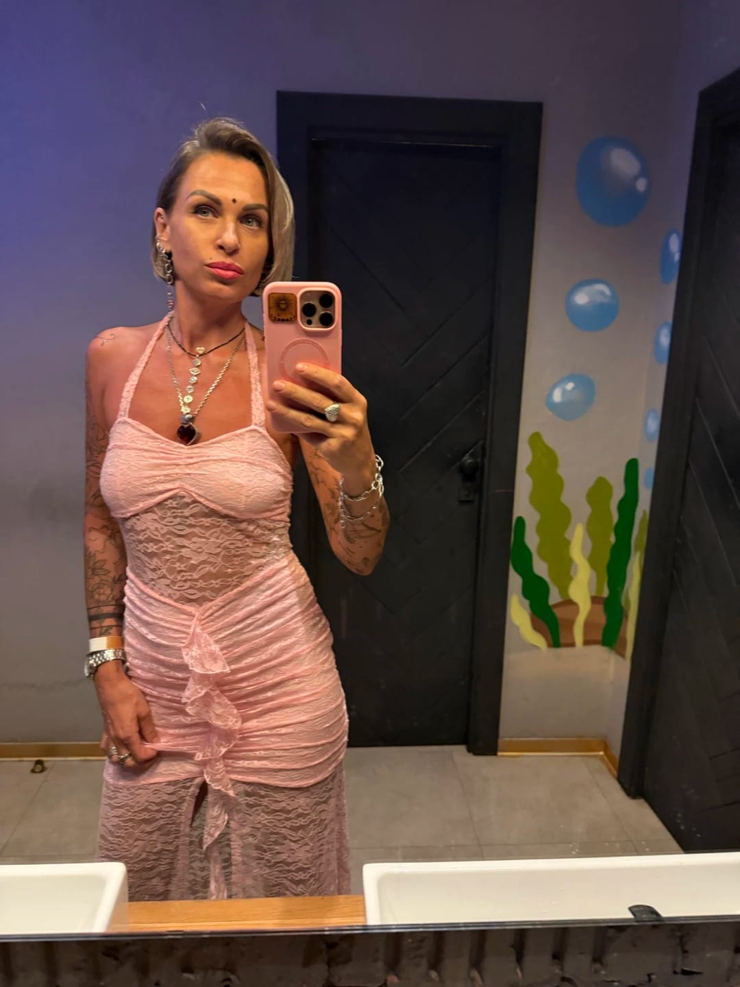 Customer photo review of Minda Halter Lace Slit Maxi Dress