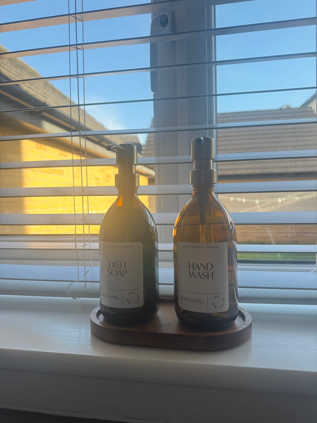 Customer photo review of Set of 2 Amber Glass Bottle 500 ML with Metal Pump & Small Tray