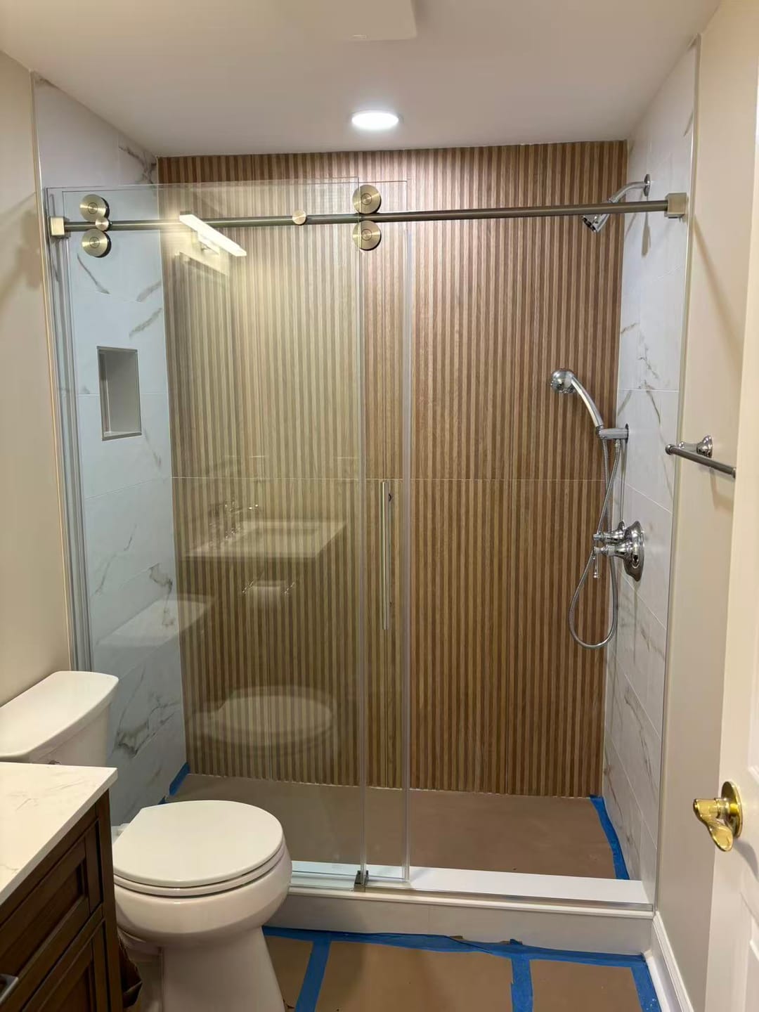 Customer photo review of Single Sliding Frameless Shower Door with Round Guide Rail - SS04