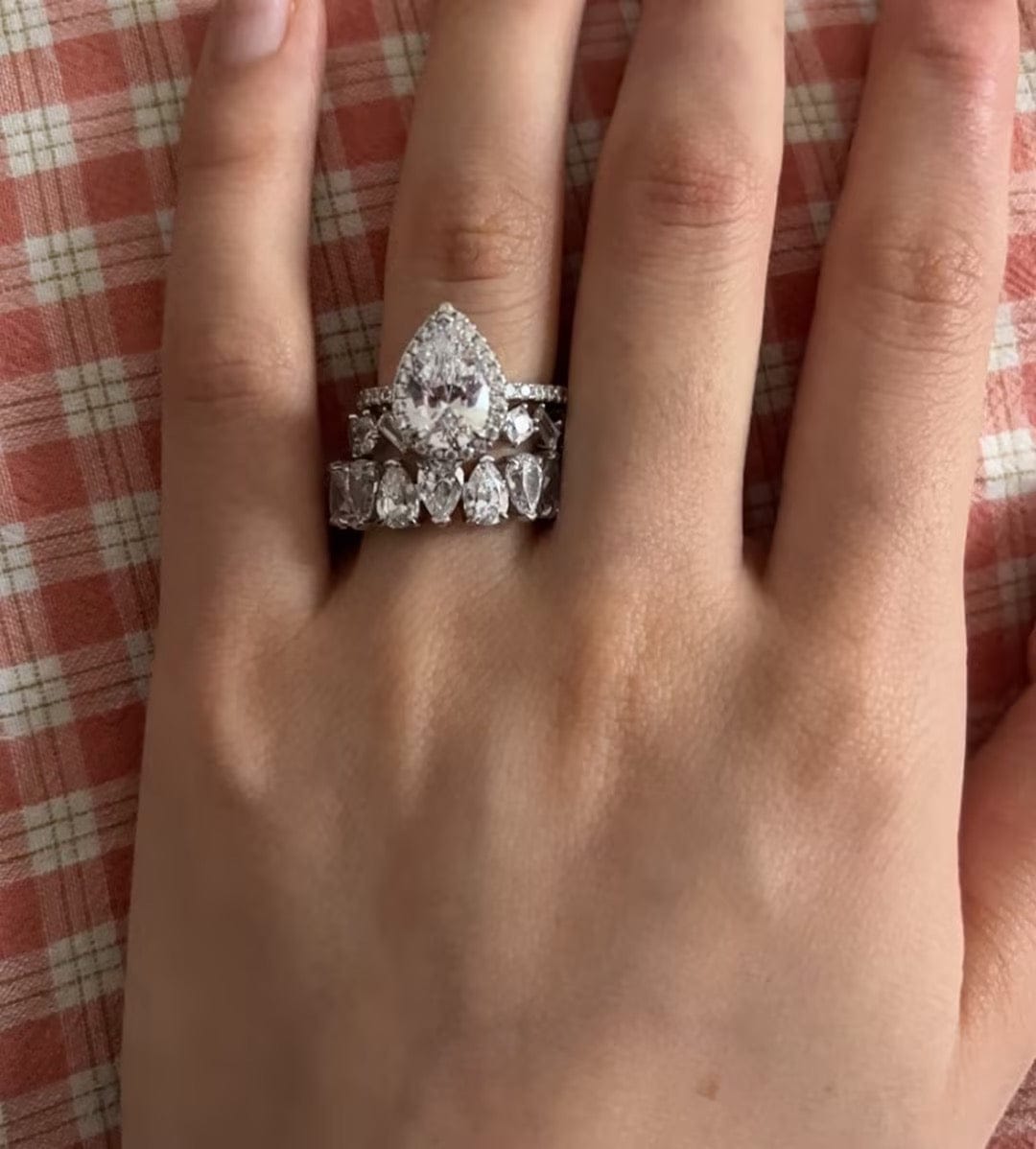 Customer photo review of S925 2.2 Carat Halo Pear Cut Wedding Ring Set With Two Luxurious Wedding Bands For Women