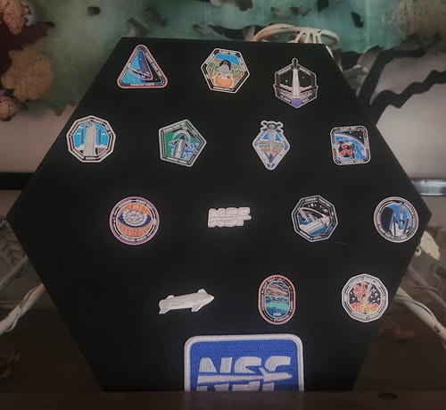 Customer's Starship Flight Pin Collection & Display Mount showing their personal pin arrangement on the hexagonal board.