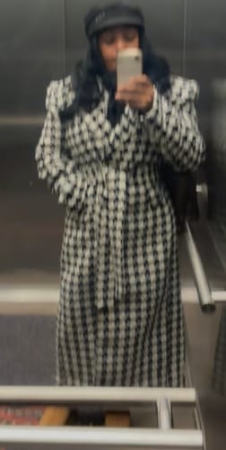 Reviewer's full-length mirror selfie wearing the belted Jacquard Houndstooth Long Coat.