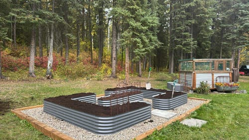Customer's new metal raised garden beds filled with soil and set up in their backyard.