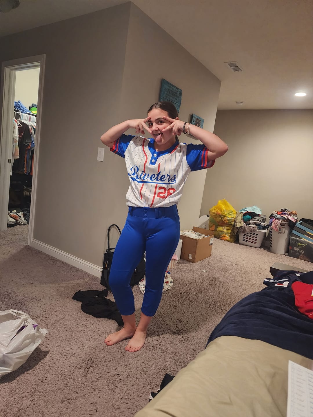 Customer photo review of Custom White Royal-Red Stripe Fashion Raglan Sleeves Authentic Two-Button Softball Jersey