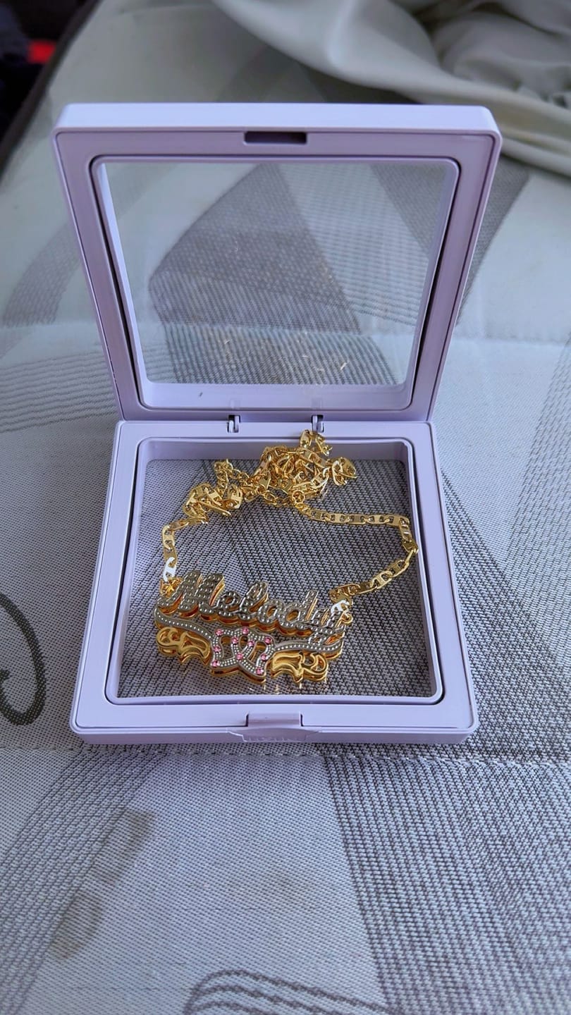Customer photo review of Kids Double Plated Double Heart Name Necklace w/ Clip Chain