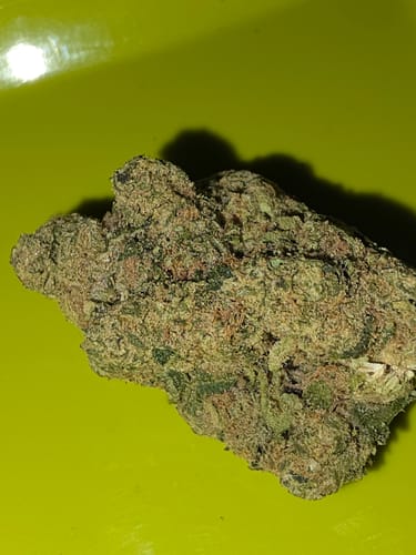 Reviewer's close-up of a dense, frosty Durban Poison bud on a lime green surface.